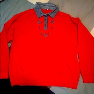 80s Red Crewneck with Denim Collar and Western Embroidery